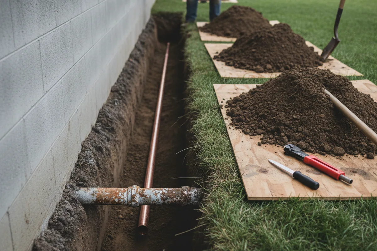 Excavated water line trench during Water Softener Installation in Weaver